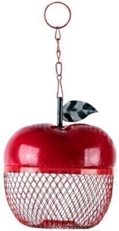 Fallen Fruits shiny red apple shaped nut feeder / birdfeeder. Easy to hang.  Can be filled with nuts from the top. Will look lovely hanging in any garden. Size: 12.5 X 12.5 X 14.5 cm.